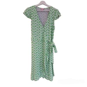Lily Pulitzer Womens Green & White Bee Print Wrap Dress- Size Large